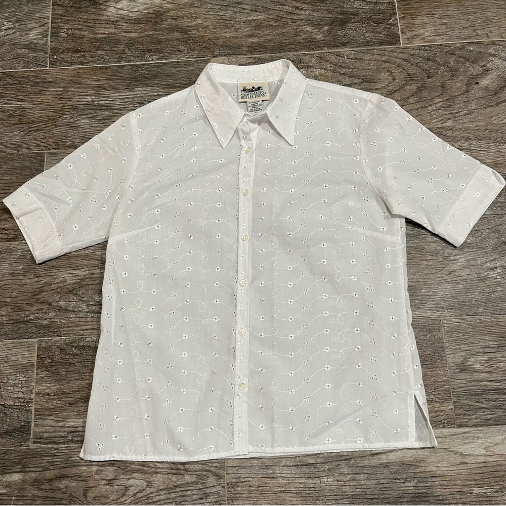 Vintage Eyelet Short-Sleeve Button-Up Shirt - White